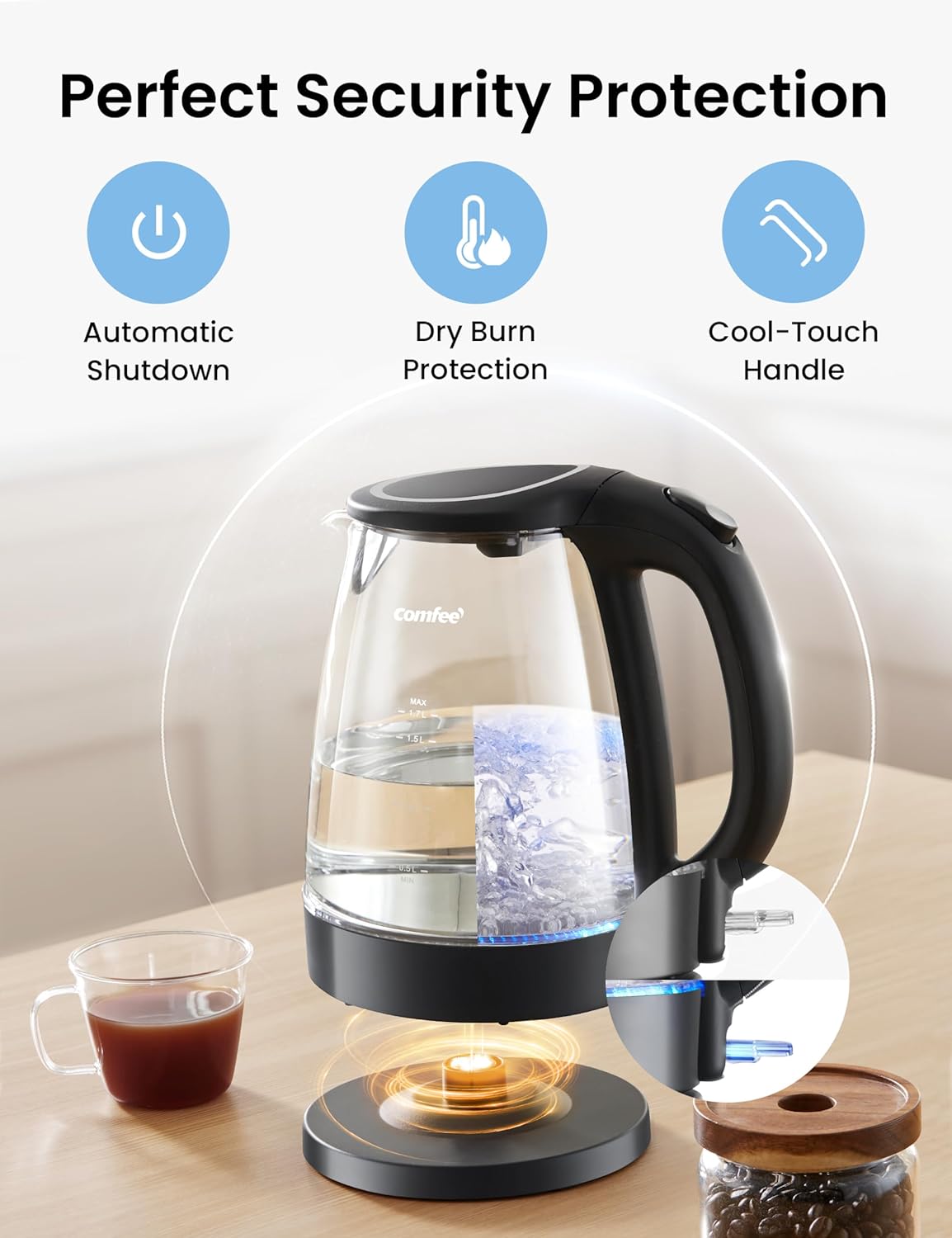 Electric Kettle Water Boiler, 1.8L Electric Tea Kettle, Wide Opening Hot Water Boiler With LED Light, Auto Shut-Off & Boil Dry Protection, Glass Black
