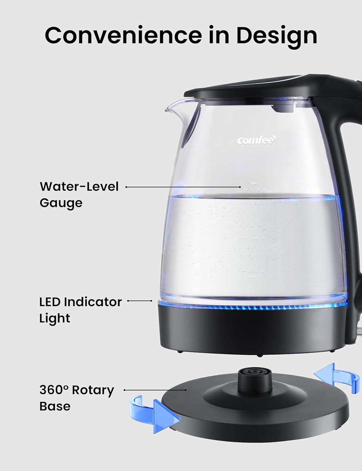 Electric Kettle Water Boiler, 1.8L Electric Tea Kettle, Wide Opening Hot Water Boiler With LED Light, Auto Shut-Off & Boil Dry Protection, Glass Black