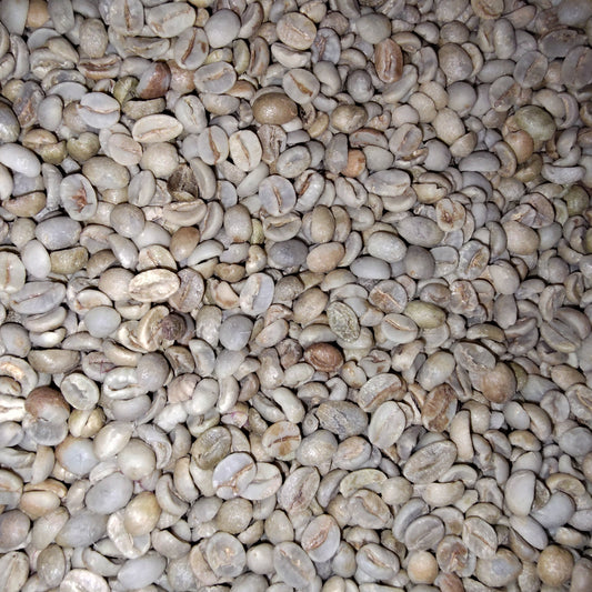 A close-up pile of raw, unroasted coffee beans with a light beige and gray coloration.